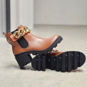 Chunky Heel Tan Ankle Boots With Gold Chain Detail Pull Tabs & Elastic Panels Fo